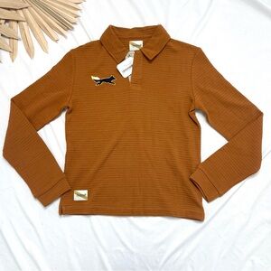 Tracksmith Fells Rugby Waffle Knit Caramel Tan Rust Polo Henley Pullover Shirt